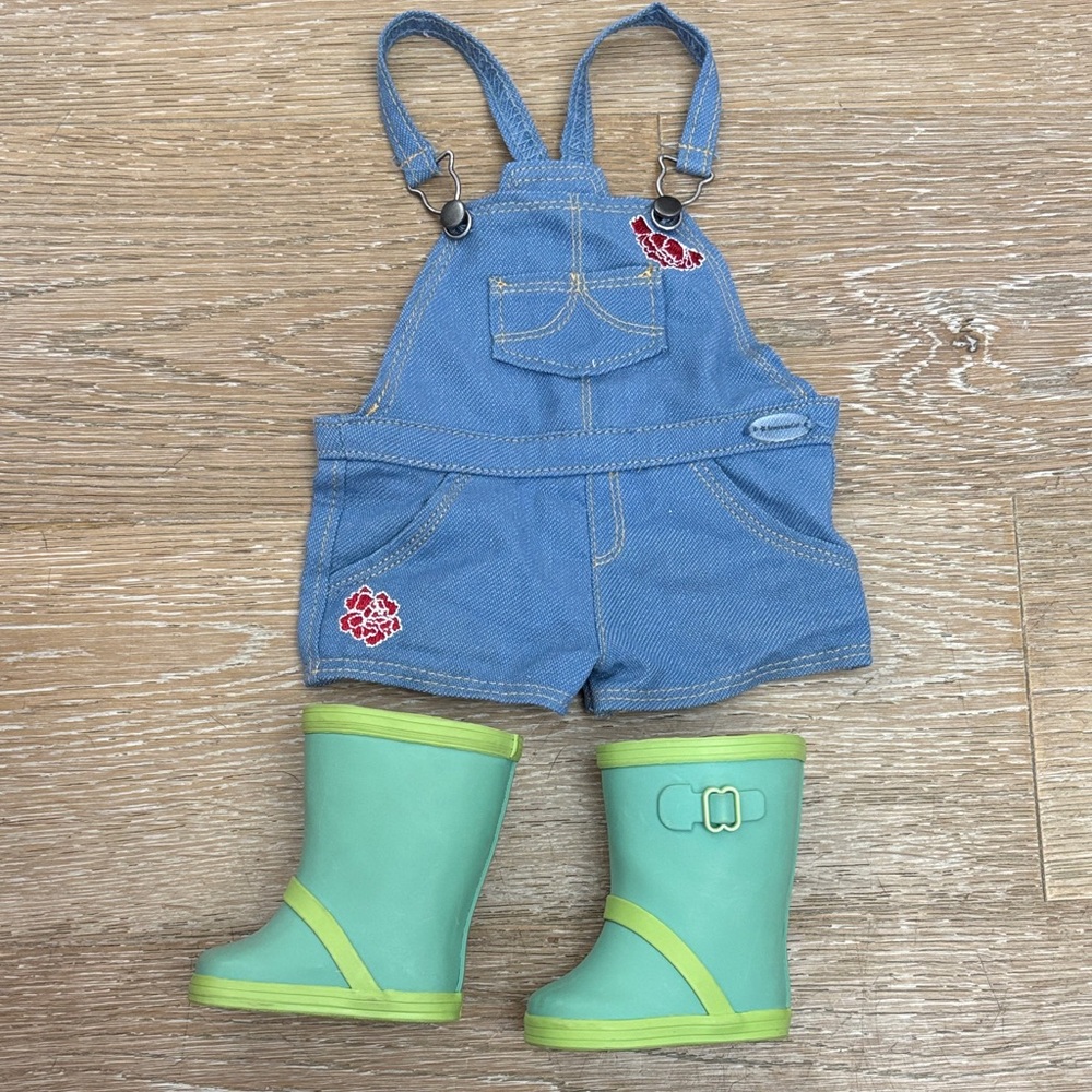 American Girl Doll Blaire’s Gardening Outfit: boots and overalls. No top